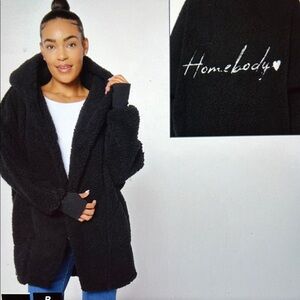 Jill Martin Cozy Sherpa Black Teddy Coat with Hood Embroidered size M/L
